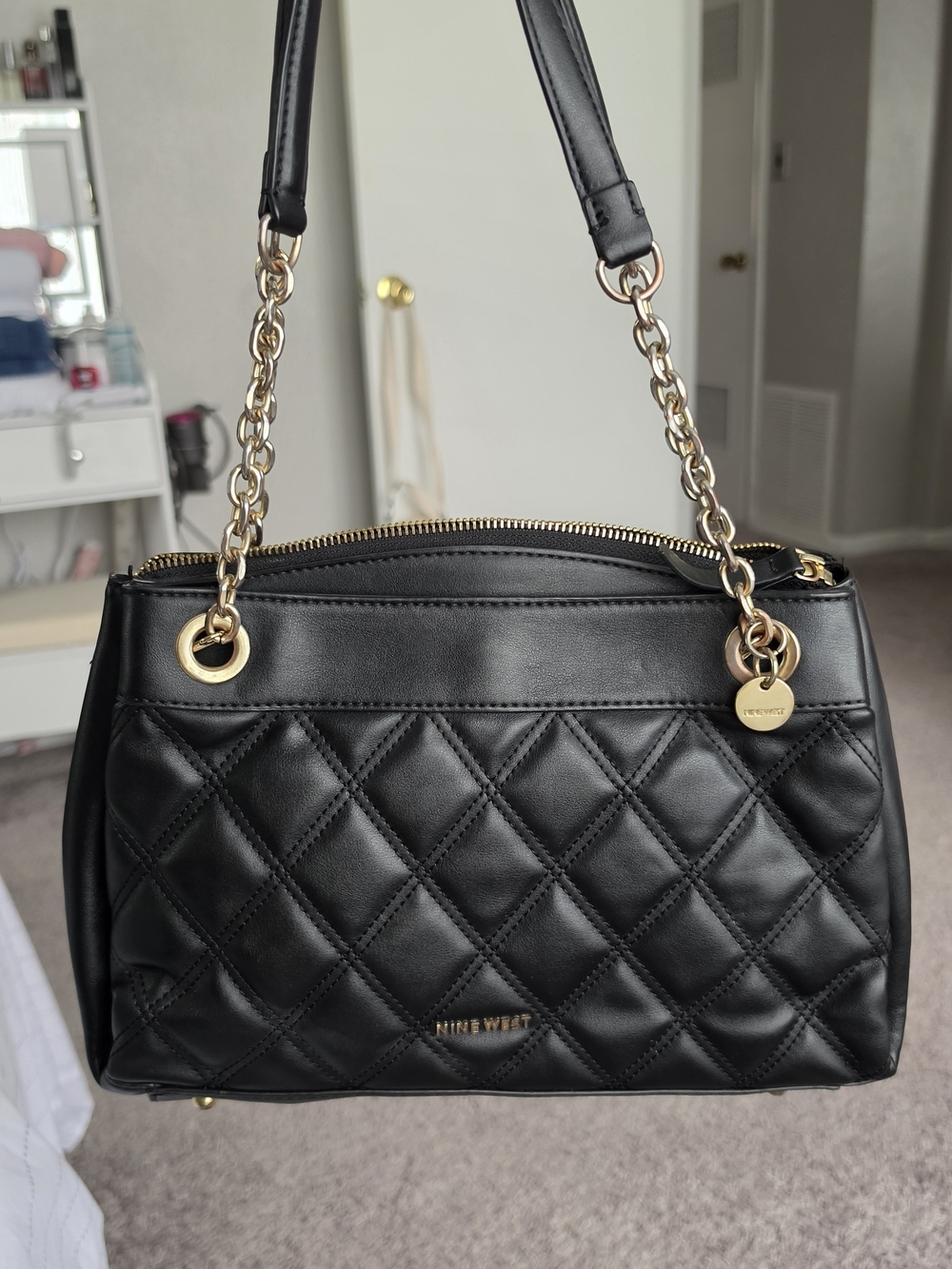 Nine West Black Quilted Shoulder Bag with Gold Hardware